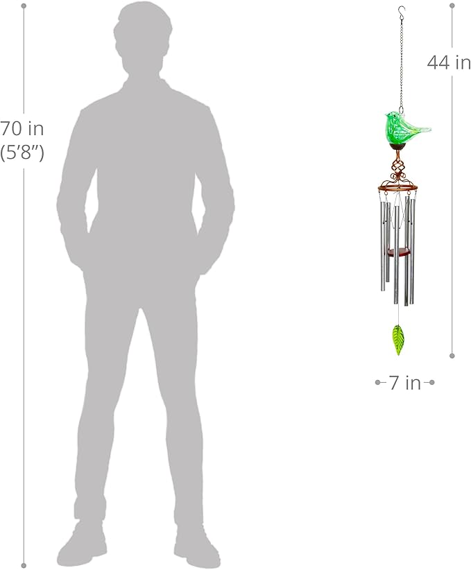 Wind Chimes, Solar Glass Bird Shape, LED, Outdoor Lawn and Patio Glass and Metal Decoration, 7 x 4 x 44 Inch (Green)
