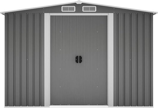 8x10 FT Outdoor Storage Shed, Metal Steel Utility Tool Shed Storage House with Double Lockable Doors & Air Vent for Backyard Garden Patio Lawn Gray