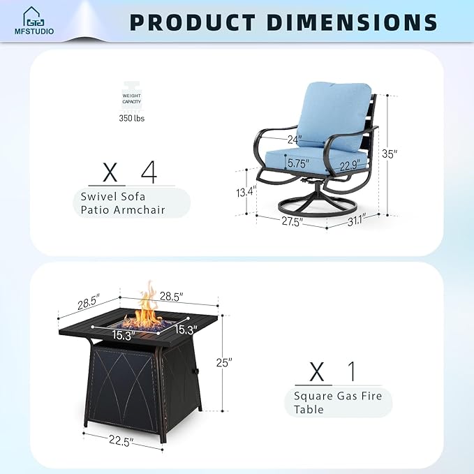 MFSTUDIO 5 Pieces Patio Conversation Sets, Outdoor Metal Furniture Sofas with 1 x 28 50,000 BTU Square Propane Fire Table and 4 x Wrought Iron Frame Swivel Chairs with Blue Cushion