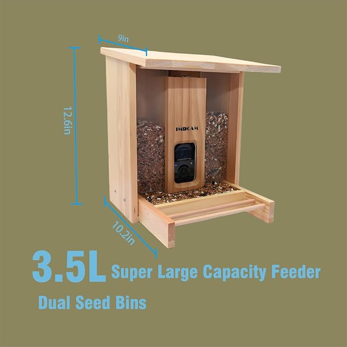 Smart Wooden Bird Feeder with Camera-Solar Power,Bird AI Identifier,1080p HD,5200mAh Battery,3.5L Extra Large,Twin Seed Bins