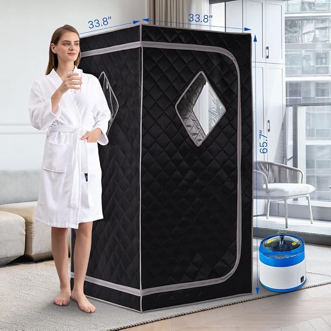 ZONEMEL Full Size Portable Steam Sauna, Personal Home Spa, 1500 Watt 4 Liter Steamer with Remote Control, Timer, Foldable Chair (L 33.8" x W 33.8" x H 65.7", Black)