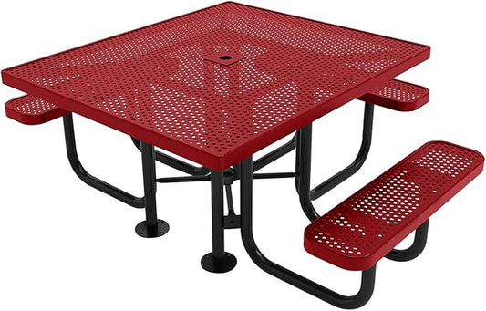 COATEDOUTDOORFURNITURE Heavy-Duty Portable ADA-Compliant Outdoor Picnic Table with Umbrella Hole, Punched Steel Patio Dining Furniture Made in America (46" Square Top, Textured Burgundy)