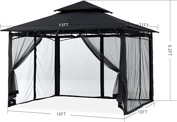 MASTERCANOPY Outdoor Garden Gazebo for Patios with Stable Steel Frame and Netting Walls (11x11,Black)