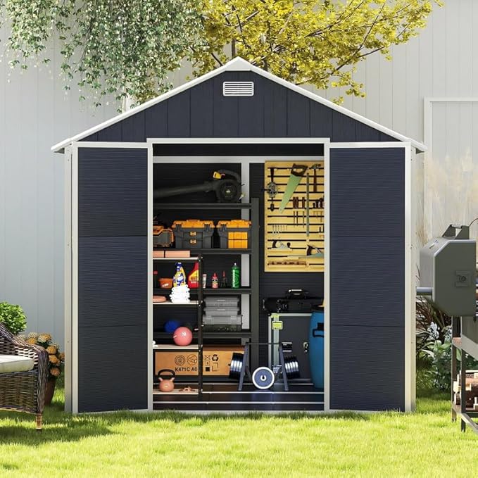 8x8 FT Resin Outdoor Storage Shed with Floor and Window, Outside Waterproof Plastic Garden Sheds w/Lockable Door & Vents, All-Weather Tool House for Patio, Backyard, Lawn, Dark Gray