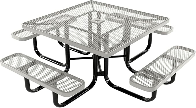 COATEDOUTDOORFURNITURE Heavy-Duty Portable Outdoor Kids Table with Umbrella Hole, Expanded Metal Kids Picnic Table, Commercial-Grade, Made in America (46 in, Square, Childrens, Gray)