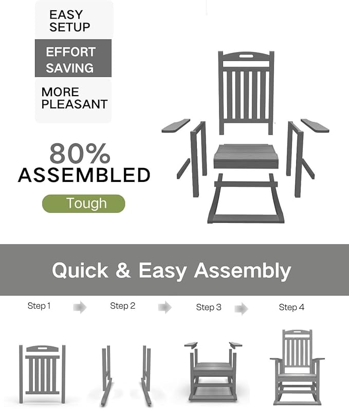 Kingdura Outdoor Rocking Chairs Set of 2, HDPE Plastic Patio Rocking Chair All-Weather Oversized Porch Rocker with High Back for Patio Outside Backyard Balcony (Grey)