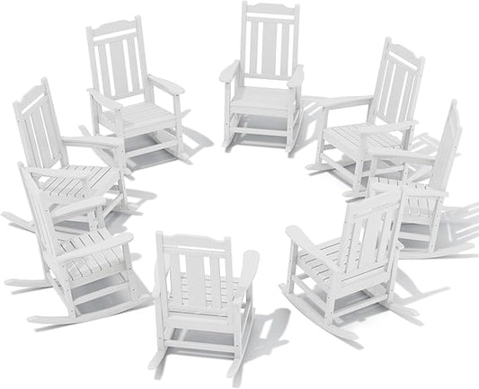 SERWALL Outdoor Rocking Chair White Set of 8, All Weather Patio Rocking Chair, HDPE Poly Rocking Chair for Adults, Heavy Duty Front Porch Rocker