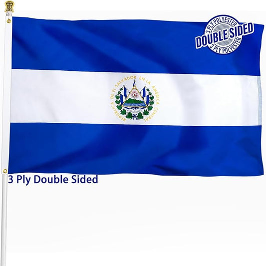 El Salvador Flag 3x5 ft Outdoor, Double Sided 3 Ply Heavy Duty Salvador National Country Flag, 100% Quality Polyester Salvadoran Banner with Brass Grommets 4 Rows Stitches