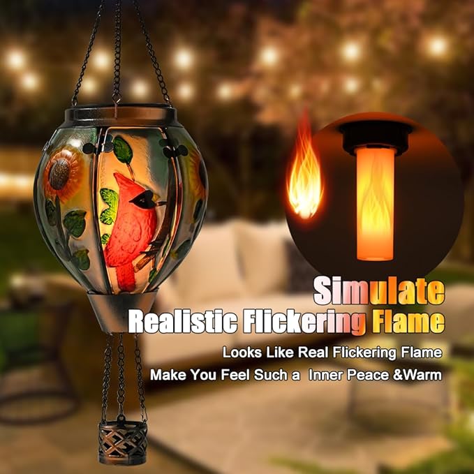Hot Air Balloon Solar Lantern - Cardinal Bird Glass Lantern, Simulated Flickering & Dancing Flame, Outdoor Hanging Yard Light Waterproof IP65 for Patio Lawn Porch Decor Gift