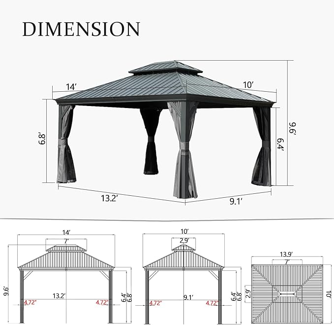 Domi 10'x14' Hardtop Gazebo Canopy,Outdoor Aluminum Gazebo with Galvanized Steel Double Roof,Permanent Gazebos with Drainage System,Curtain and Netting Included,Grey
