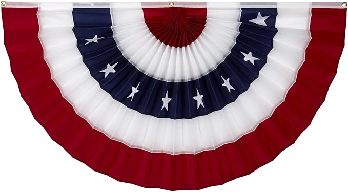 American Pleated Fan Flag Bunting. 2 x 4 ft Embroidered Stars & Sewn Stripes USA Indoor/Outdoor Nylon Bunting Banner. Perfect for July 4th and America 250 events. 100% Made in America by Old Glory Bunting