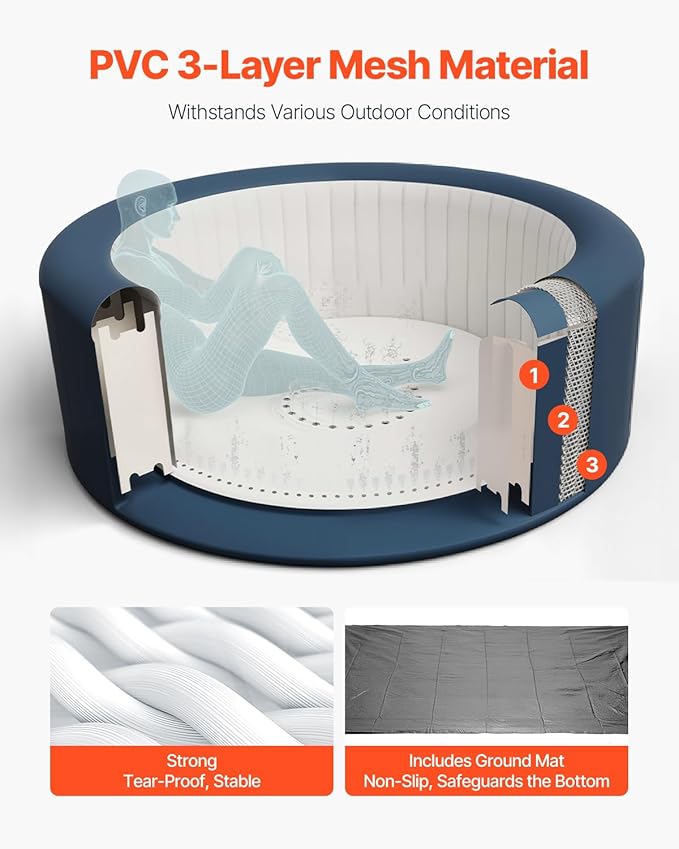 VEVOR Inflatable Hot Tub, 2 to 4 Person Capacity, 70.9 x 26 in Round Portable Outdoor Spa, with 110 Soothing Jets, Filter, Cover and Mat, Multi-Function Control Panel, PVC Outdoor Hot Tub, Grey