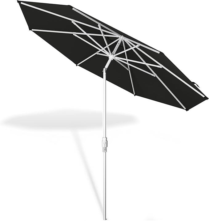 Midtown Umbrellas The Swilt 10 Feet Patio Umbrella in Sunbrella Black Acrylic Fabric - Fiberglass Ribs, Auto-Tilt Aluminum Frame For Backyard, Deck, Garden, Pool - White Pole