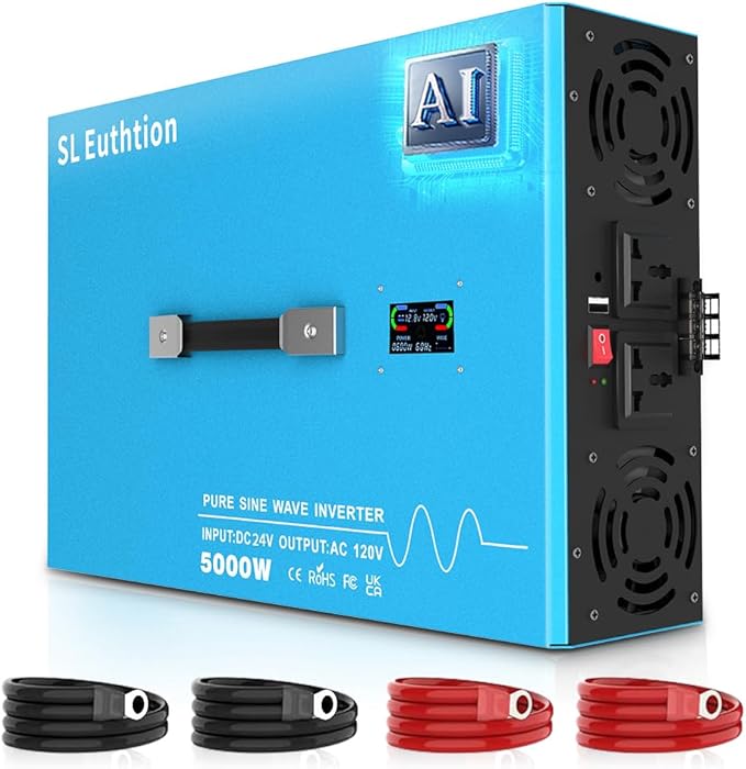 5000W Pure Sine Wave Power Inverter Voice Control AI Voice Assistant Support English 24V to 120V 60HZ with LCD Display, USB Port, for Car Home Laptop Truck