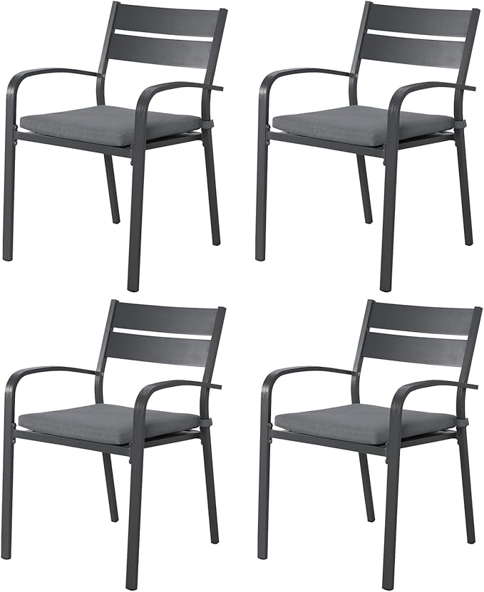 Soleil Jardin Outdoor Aluminum 4-Piece Patio Dining Chairs with Cushions, Stackable Bistro Chairs for Balcony, Garden, Backyard, Dark Grey Finish & Grey Cushion