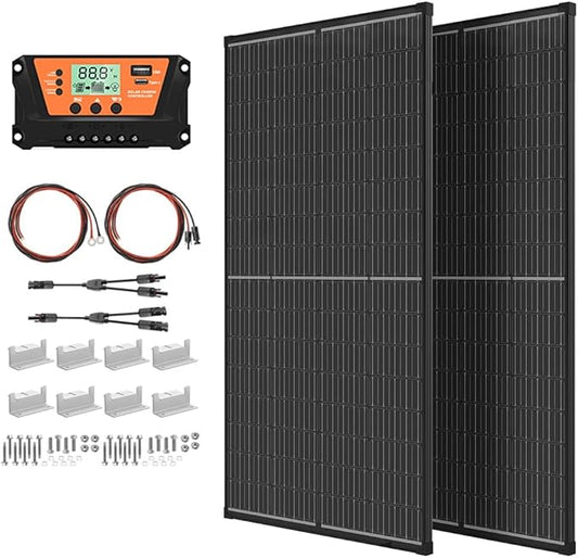 400 Watt Solar Panels Kit, (200w 2 Pack, 30A PWM Charge Controller) 12V 200W Solar Kit Monocrystalline PV Module for RV Home Roof Boats Trailer Shed Off-Grid System (400w kit (200w*2))