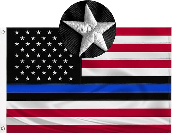 Embroidered Blue Line American Flag for Outside 3x5 Polyester Fiber American Flag Blue Line Bright Color with Durable Canvas Header and 2 Non Fading Brass Grommets