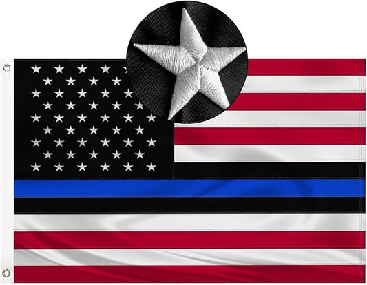Embroidered Blue Line American Flag for Outside 3x5 Polyester Fiber American Flag Blue Line Bright Color with Durable Canvas Header and 2 Non Fading Brass Grommets