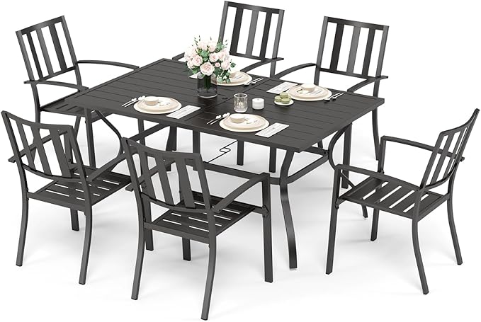Sophia & William 7-Piece Patio Dining Set for 6, 60.2" Metal Outdoor Table with Umbrella Hole & 6 Stackable Chairs, Heavy-Duty 300LB Capacity - Black - Garden Furniture for Deck, Lawn, Backyard