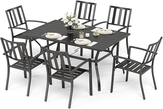 Sophia & William 7-Piece Patio Dining Set for 6, 60.2" Metal Outdoor Table with Umbrella Hole & 6 Stackable Chairs, Heavy-Duty 300LB Capacity - Black - Garden Furniture for Deck, Lawn, Backyard