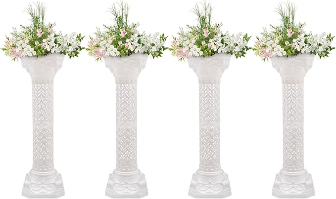 Roman Column Pedestal, Plastic White Columns for Weddings Indoor/Outdoor Roman Pillar Stand for Table Sculptures, Vase, Garden Decor (4PCS, 10.6 x 34.6 Inch Fretwork)