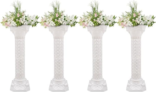 Roman Column Pedestal, Plastic White Columns for Weddings Indoor/Outdoor Roman Pillar Stand for Table Sculptures, Vase, Garden Decor (4PCS, 10.6 x 34.6 Inch Fretwork)