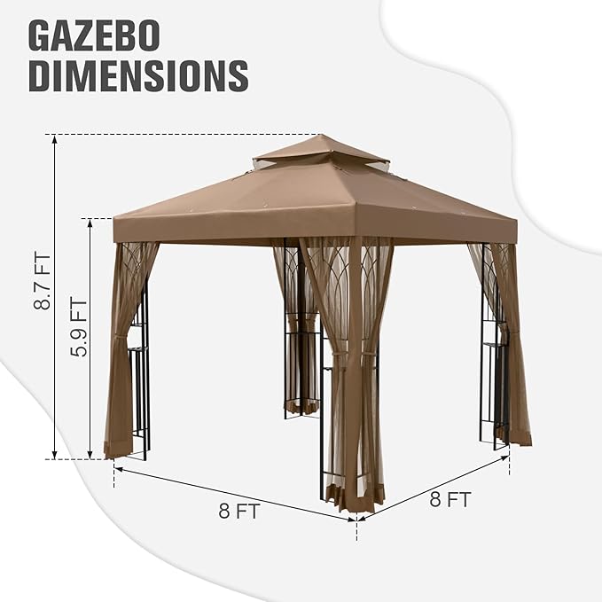 COOS BAY 8x8 Outdoor Patio Gazebo with Netting and Corner Shelves, Two-Tier Soft Top Canopy for Backyard, Lawn, Deck and Garden, Brown