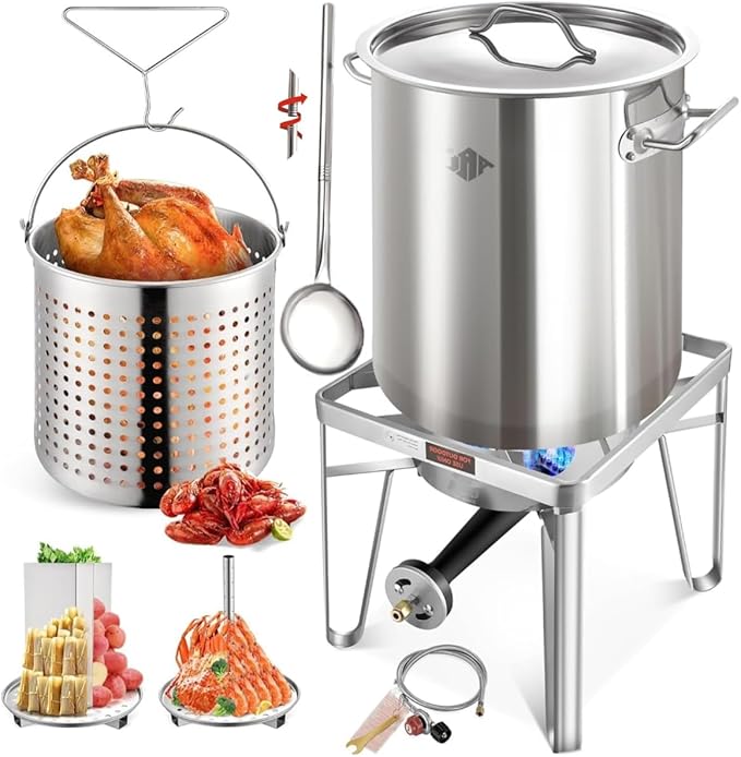 ARC 52QT Stainless Steel Turkey Fryer Pot with 36" Large Spoon, Propane Burners Kit, Tamale Steamer Pot with Basket, Steamer Rack, for Outdoor Cooking, Seafood Boil, Crawfish Boil, Home Brewing