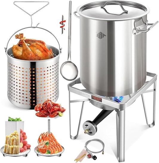 ARC 52QT Stainless Steel Turkey Fryer Pot with 36" Large Spoon, Propane Burners Kit, Tamale Steamer Pot with Basket, Steamer Rack, for Outdoor Cooking, Seafood Boil, Crawfish Boil, Home Brewing