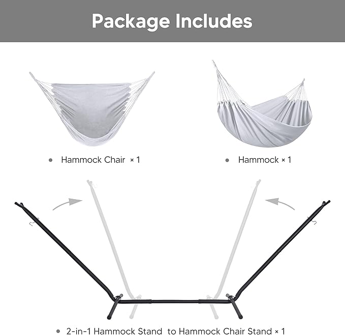 SUNCREAT 2-in-1 Convertible Extra Large Hammocks with Stand, Heavy Duty 2 Person Hammock for Outside with Stand, Patent Pending, Light Gray