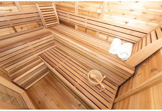 ZONEMEL Outdoor Red Cedar Steam Sauna for 8 Person, Modern Square with Porch, Full-Glass Front, 8KW ETL Harvia Heater, LED Lighting, Waterproof Roof, Double Bench, Complete Accessories