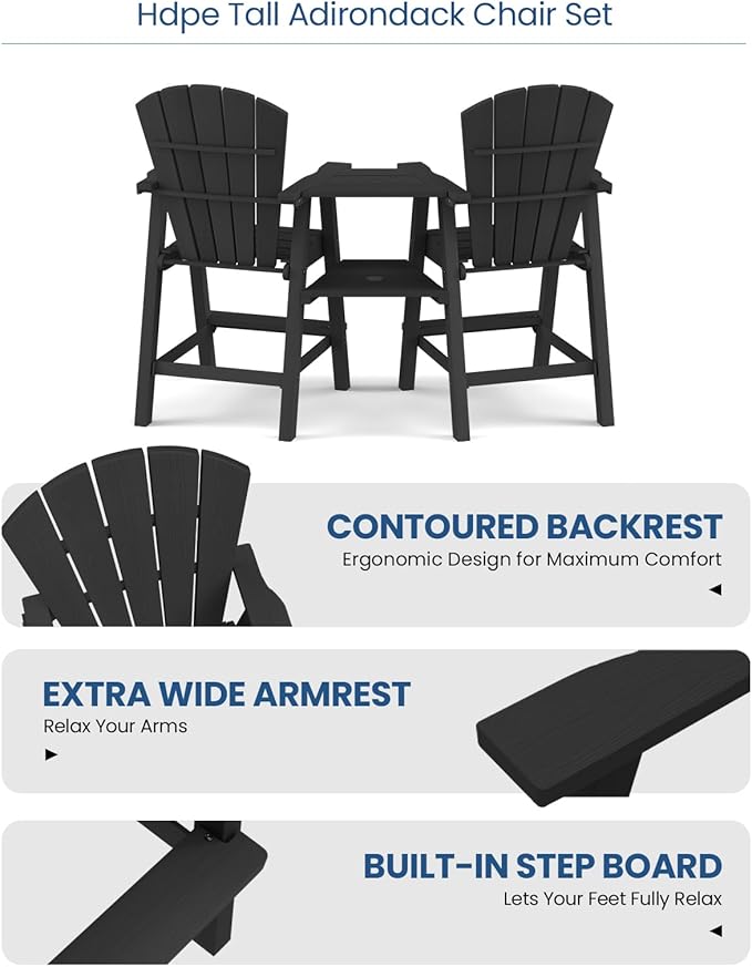 Ciokea Tall Adirondack Chairs Set of 4, HDPE Outdoor Adirondack Bar Stools with Double Connecting Tray, Weather Resistant High Back Adirondack Balcony Chairs for Deck, Lawn, Pool, Backyard, Black