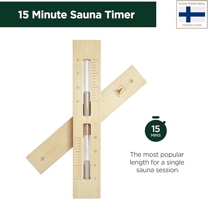 Sauna Sand Timer - Handmade from Finnish Pine Wood - Wall-Mounted Rotating 15-Minute Hourglass with White Sand