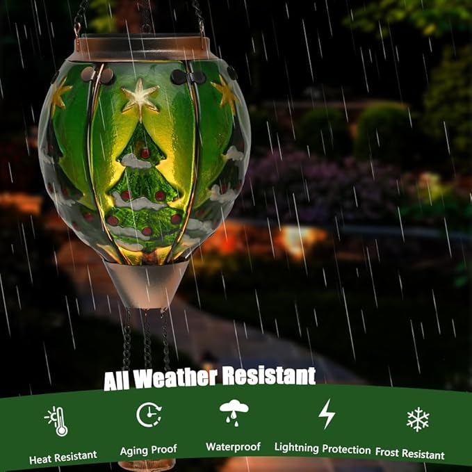 Solar Powered Hot Air Balloon Lantern - Christmas Tree Glass Lantern, Simulated Flickering & Dancing Flame, Outdoor Hanging Yard Light Waterproof IP65 for Patio Lawn Porch New Year Decor Gift