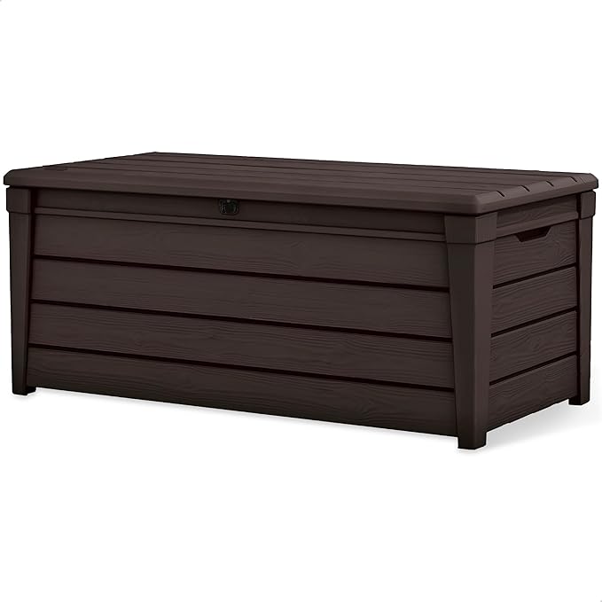 Keter Brightwood 120 Gallon Resin Large Deck Box for Patio Garden Furniture, Outdoor Cushion Storage, Pool Accessories, and Toys, Brown, 57L x 27.5W x 23.7H in.