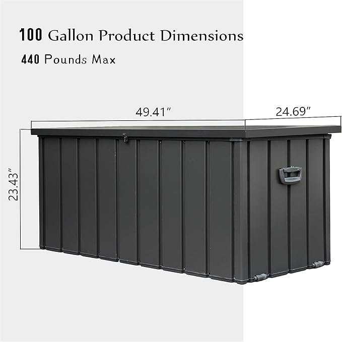 100 Gallon Outdoor Deck Box Lockable Metal Indoor Outdoor Storage Container with Side Handle, Waterproof Storage Box with Rolling Castors for Patio Garden Tools, Pools Equipment, Cushions, Gray