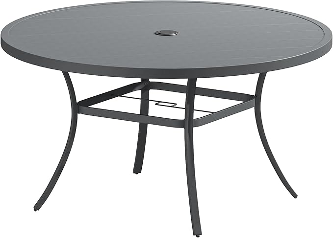 VICLLAX Outdoor Patio Round Dining Table, 50"x 50" Metal Slatted Round Tabletop with Adjustable Umbrella Hole for Deck Lawn Garden Backyard, Dark Grey