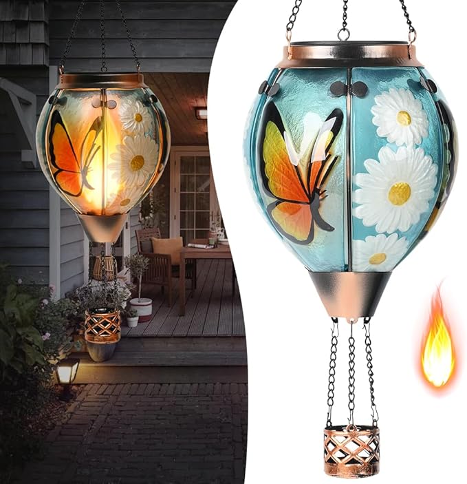 Hot Air Balloon Solar Lantern - Butterfly Stained Glass Lantern, Simulated Flickering & Dancing Flame, Outdoor Hanging Yard Light Waterproof IP65 for Patio Lawn Porch Decor Gift