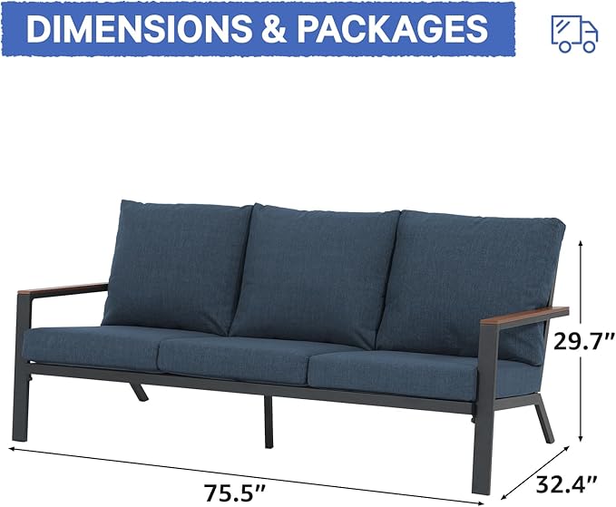 Soleil Jardin Aluminum Patio Furniture 3-Seater Couch, Outdoor 3 Seats Sofa with FSC Certified Solid Wood Top, Outdoor Conversation Set 3 Seater Deep Seating w/Removable Cushion, Denim Blue