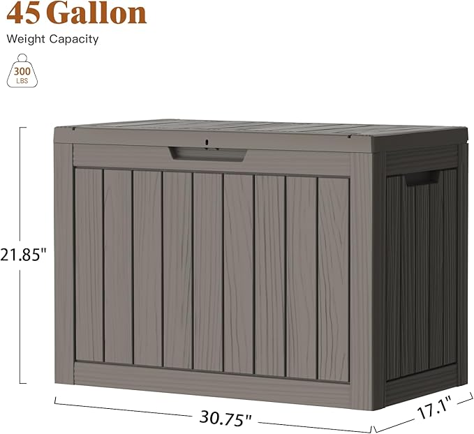 Outdoor Storage Box, Deck Box Waterproof 45 Gallon, Resin Outside Storage, Storage Bin for Package Delivery, Patio Furniture Cushion, Pool Accessories, Weatherproof and UV Resistant, Grey