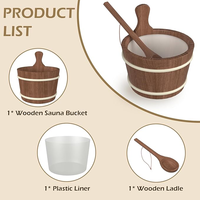 Sauna Bucket and Ladle, Sauna Accessories Made of Hand-Made Red Cedar, Wooden Sauna Set with Plastic Lining and Handle