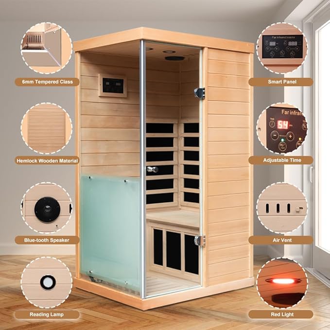 Small Sauna Far Infrared Saunas for Home 1 Person, 1060W, 6 Heating Panels, Hemlock Wooden Indoor Sauna Room with Tempered Glass, Left Door Opening, Blue-Tooth, LCD-Display Control