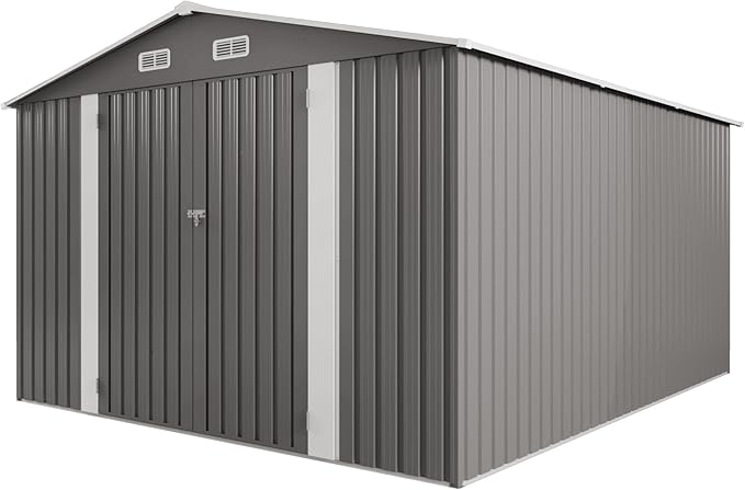 10x12 FT Outdoor Storage Shed,Large Metal Garden Shed with Double Door and Two Windows Waterproof Tool Shed for Backyard Patio Lawn Poolside,Grey
