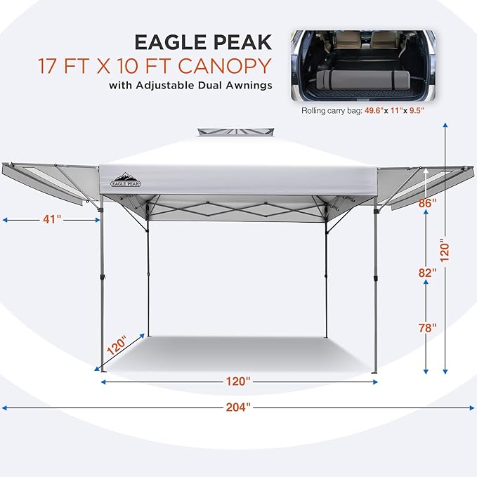 EAGLE PEAK 17x10 Pop up Gazebo Canopy Tent Outdoor Instant Canopy Shelter with Adjustable Dual Half Awnings (White)