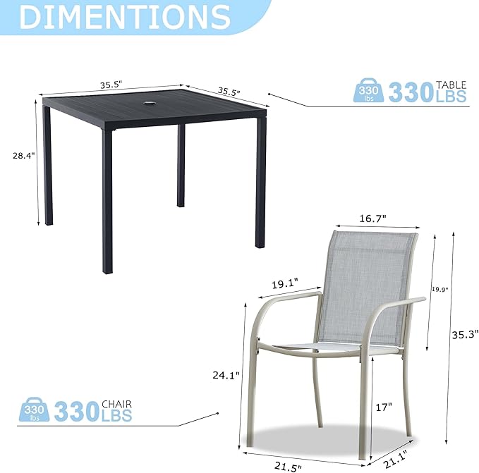 5 Pieces Round Dining Table Set for 4, Patio Dining Set Includes 4 Beige Blue Stackable Patio Chairs and Black Square Table, Patio Furniture Sets with Sling Support for Outside, Garden