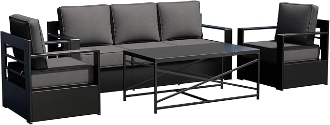 Outdoor Patio Furniture Set, 4-Piece Aluminum Patio Conversation Set All-Weather Metal Outdoor Sectional with 6 Inch Thick Cushions, Deep Setting for Garden, Outside and Porch