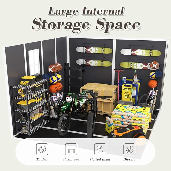 8x8 FT Resin Outdoor Storage Shed with Floor and Window, Outside Waterproof Plastic Garden Sheds w/Lockable Door & Vents, All-Weather Tool House for Patio, Backyard, Lawn, Dark Gray