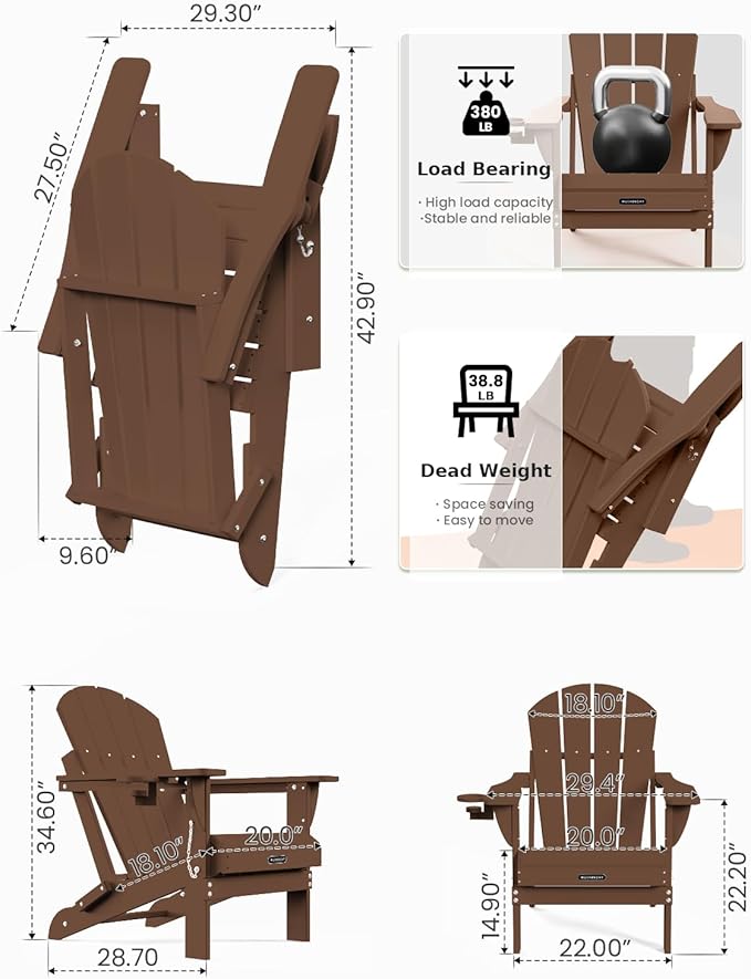 MUCHENGHY Folding Adirondack Chairs Set of 2, Patio Chairs, Lawn Chairs, Outdoor Chair, Adirondack Chair Plastic, Fire Pit, Weather Resistant with Cup Holder for Deck, Backyard, Garden(Brown)