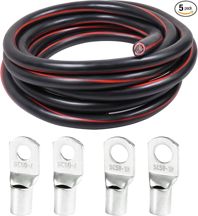 2 Gauge Battery Welding Cable (Black, 5 Feet) - 2 AWG Copper Clad Aluminum Power Wire with M8 & M10 Copper Cable Lug Ends for Auto, Camper, RV, Truck, Solar Low Voltage Wiring