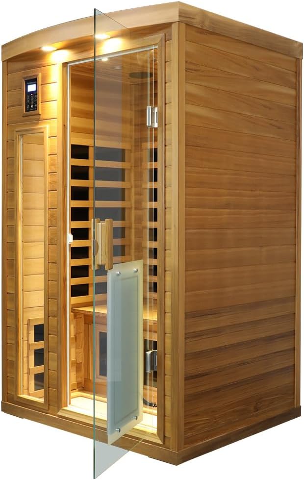2 Person Infrared Sauna, Red Cedar Wood Low EMF Far Infrared Saunas for Home, 1750watt Indoor Personal Sauna Roombox with Door Heating Panels, 7-Color Lights, Outdoor Lamps, Blue-Tooth